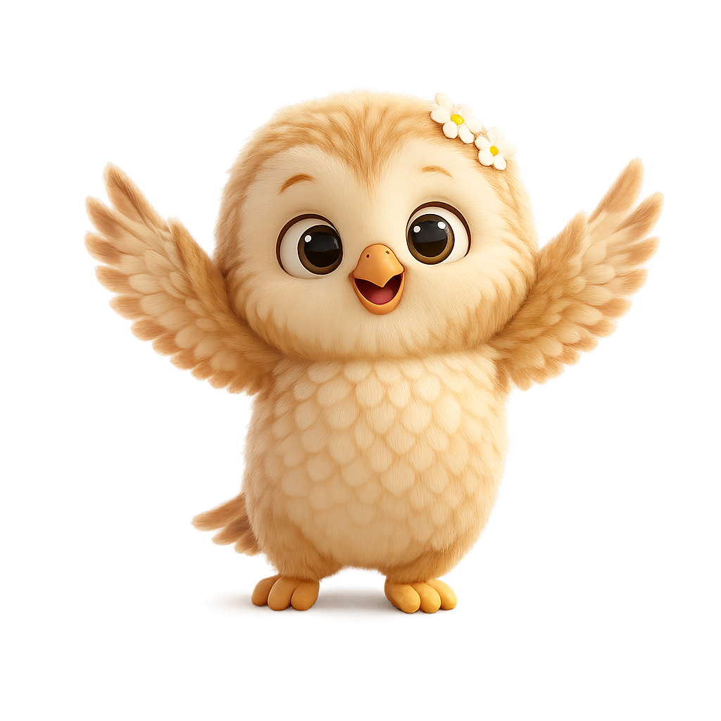 羽を広げて迎えるフクロウのキャラクター